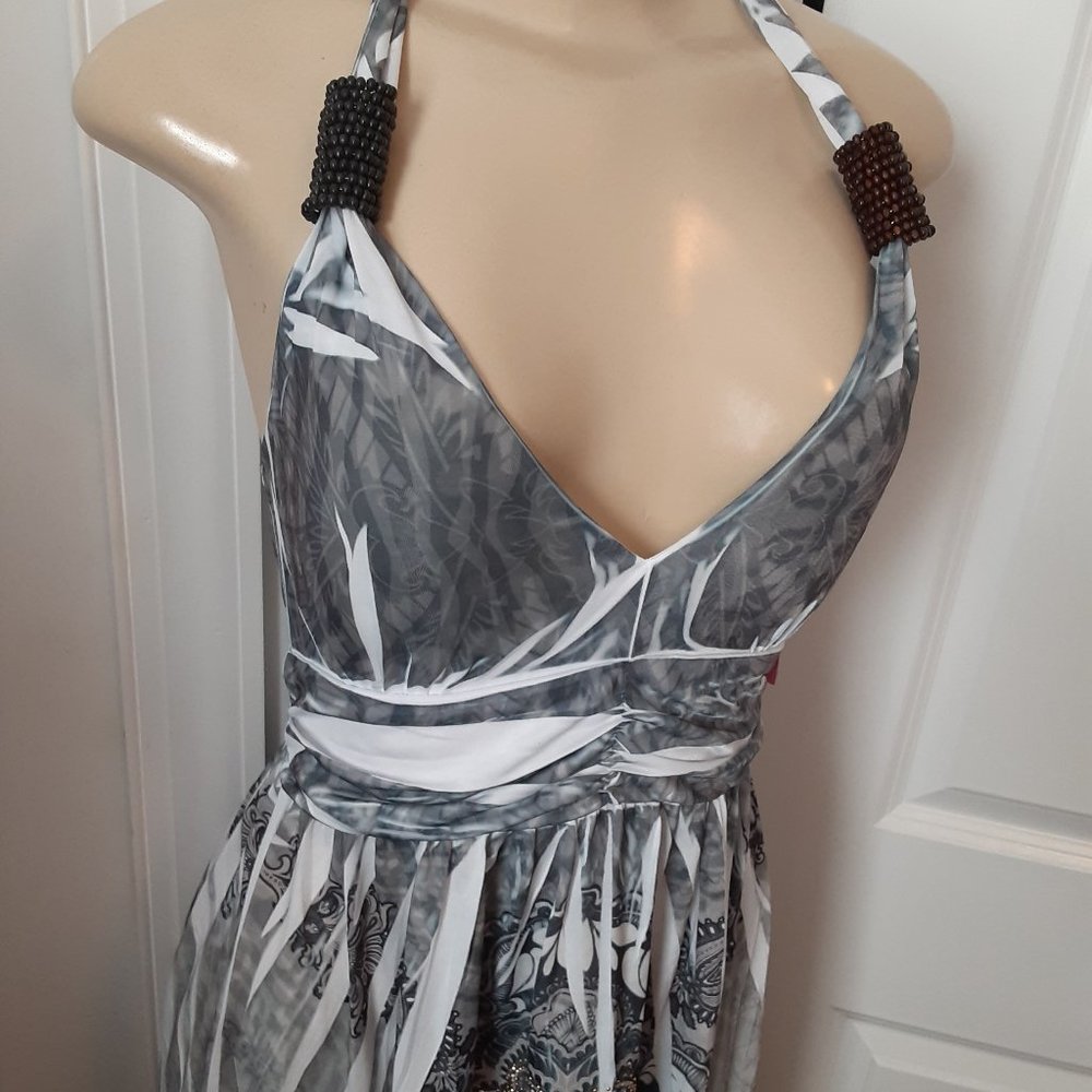Y2K In Gear gray & white halter dress brown beads on halter - Picture 7 of 15